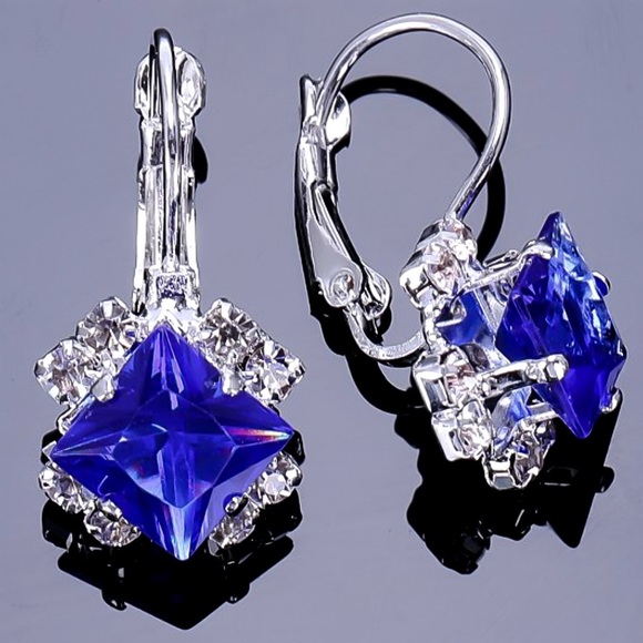 Silver Blue & Clear Crystal Lever Back Earrings - Picture 5 of 8
